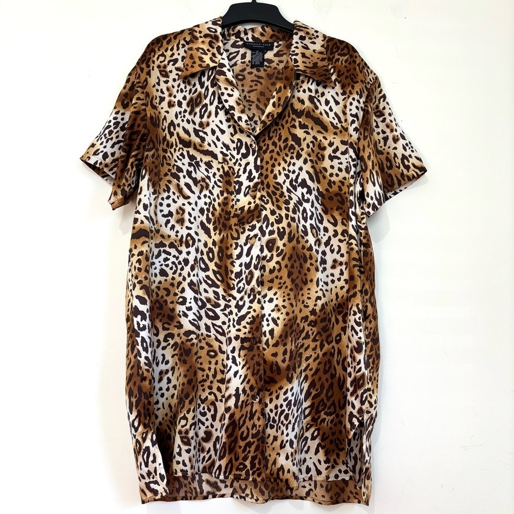 August silk Intimate Vintage cheetah short sleeve V-neck button up shirt dress M